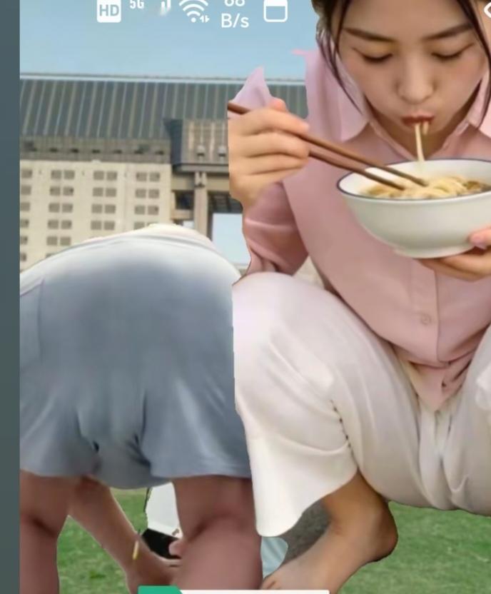 〔欣赏图片〕图中画面真逗乐；美女蹲着把面吃；旁边一人背朝里；两幅画面不一