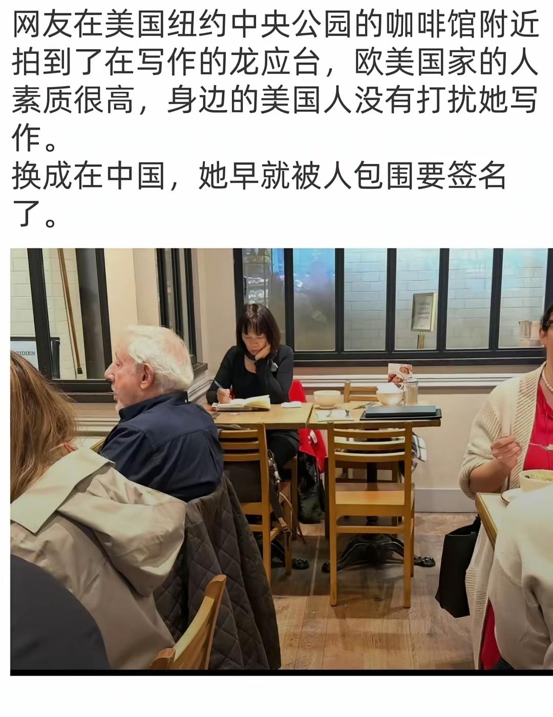 大殖子，在纽约见到自己的鼻祖～龙应台，恨不能要磕一个。还不忘吹嘘欧美人素质高