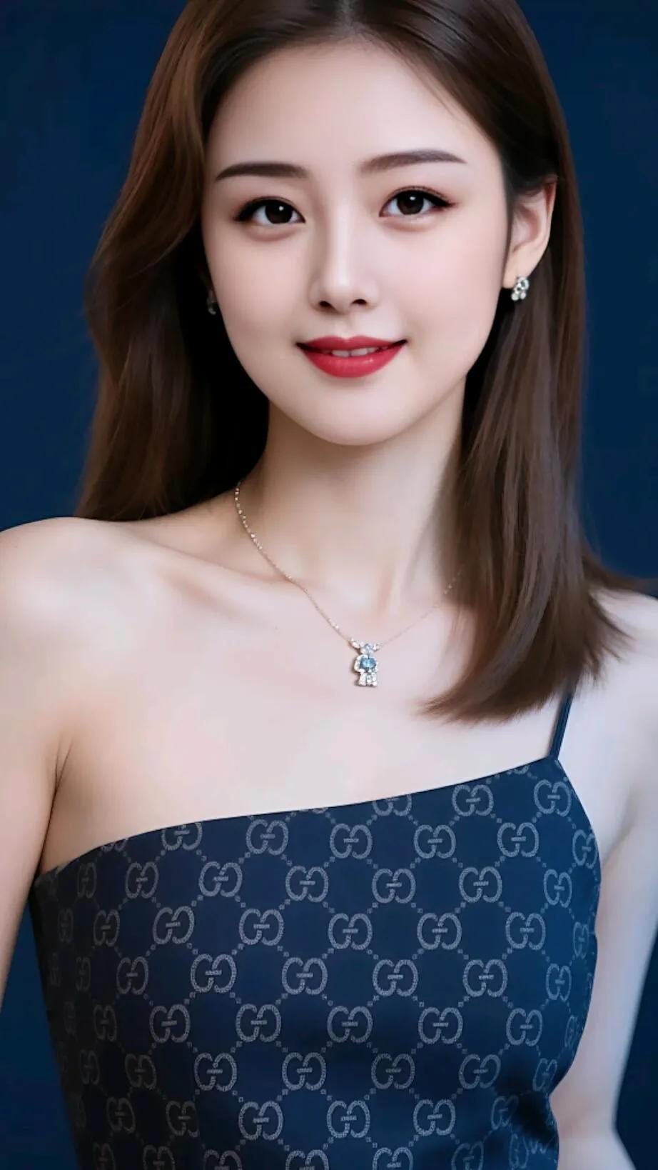 优雅气质，蓝色格纹吊带裙，甜美笑容，时尚项链，完美搭配美景佳人清纯一笑倾红颜