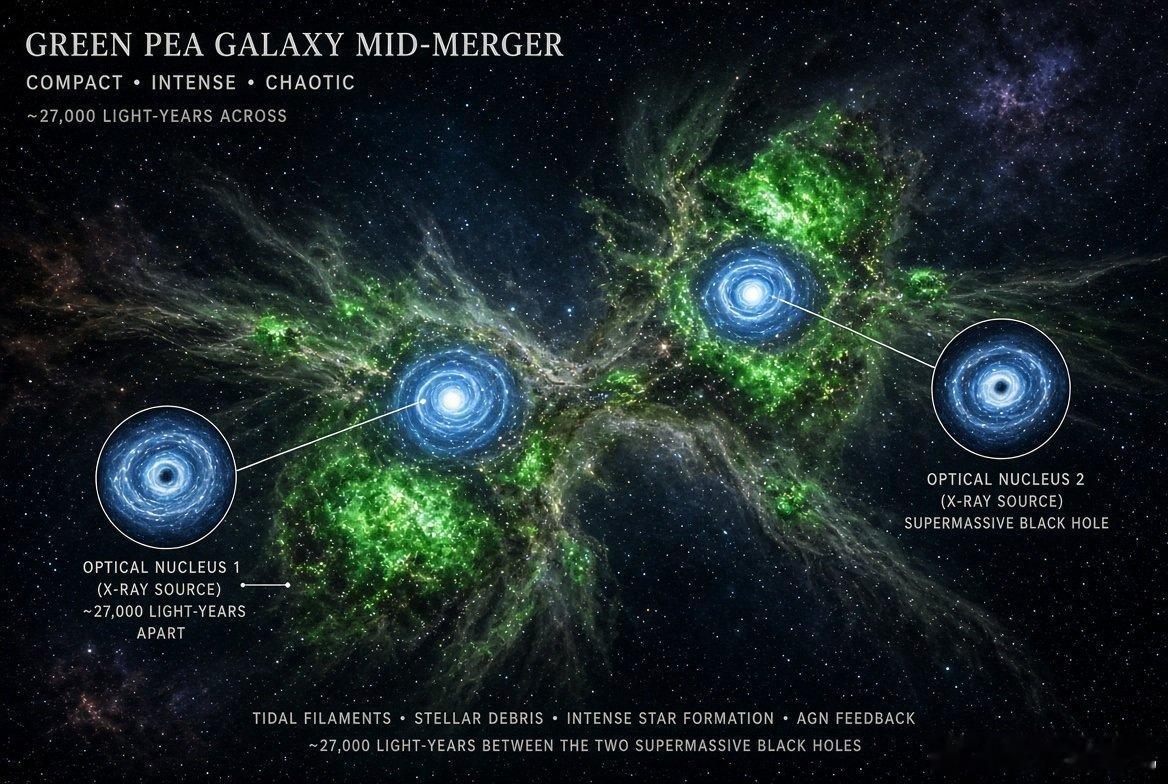 宇宙双重麻烦：两个贪婪的黑洞在罕见的“绿豌豆”星系中并肩大快朵颐想象两个宇宙怪物