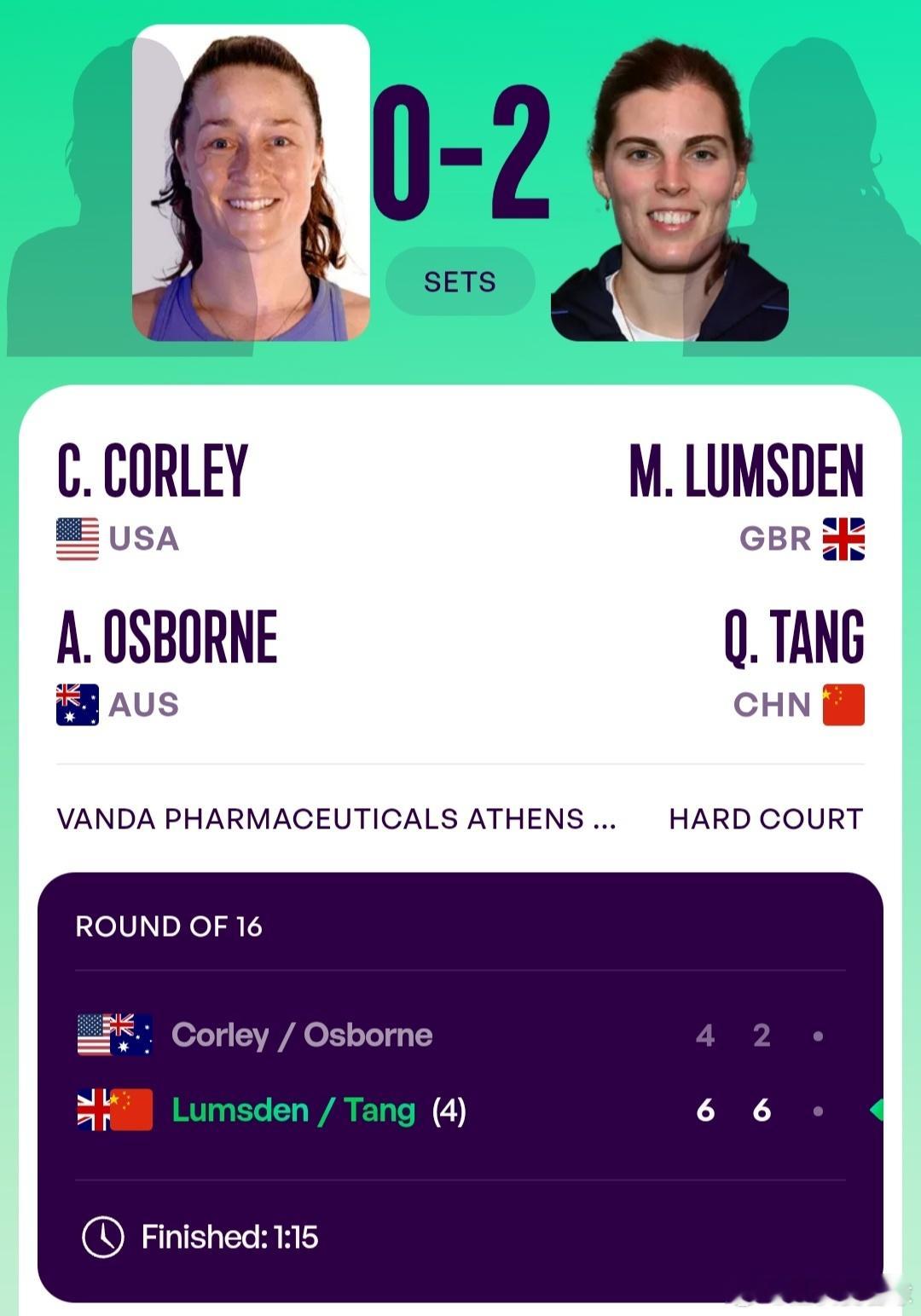 WTA250雅典站🇬🇷女双第1轮汤千慧🇨🇳/拉姆斯登🇬🇧6-4/6-