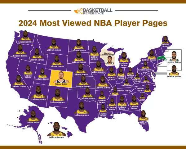 近日体育网站BR公布了2024年和2025年美国各地区观看人数最多的球星。从图