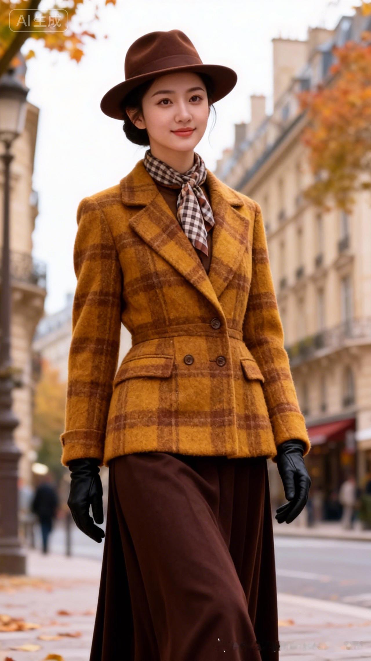 复古风穿搭指南：棕色格纹外套+棕色长裙，优雅又时尚！