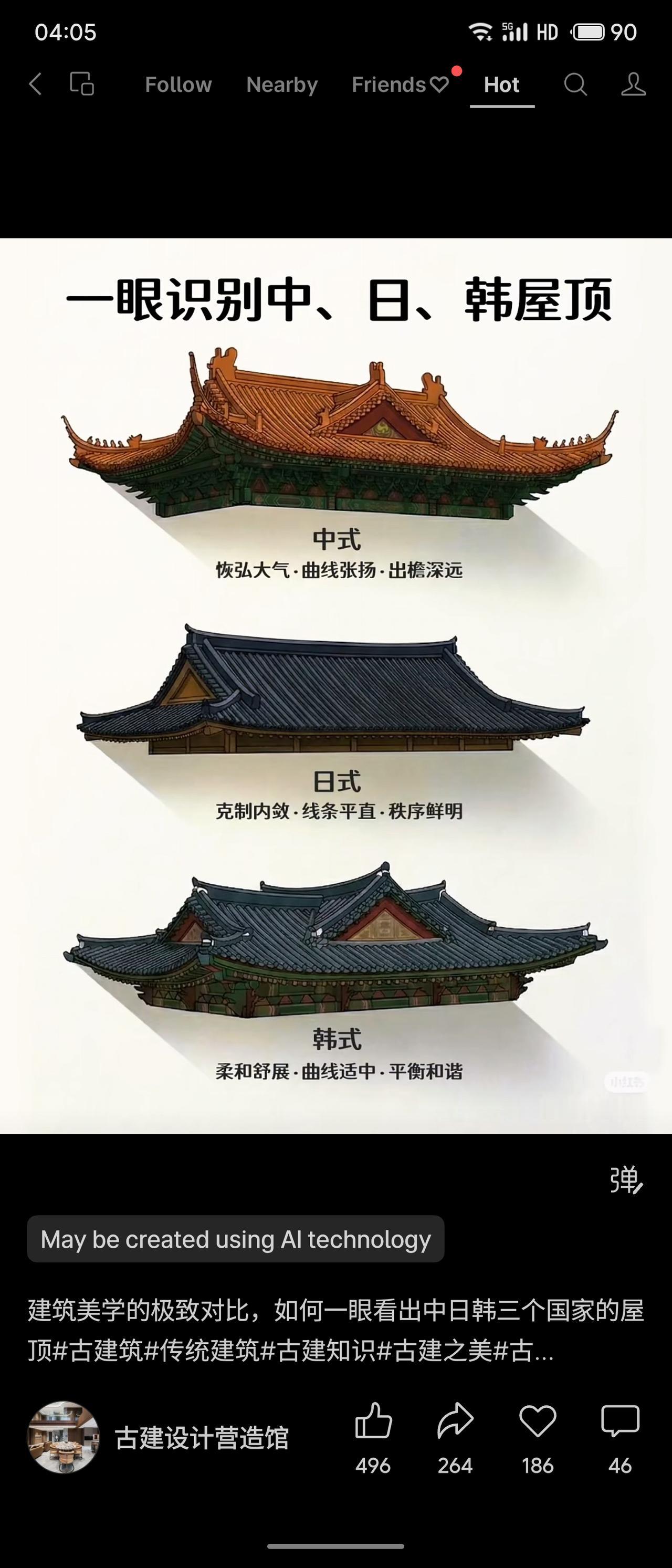 组图文直观对比了中日韩传统屋顶的建筑美学：中国屋顶曲线夸张、出檐深远，彰显恢弘气