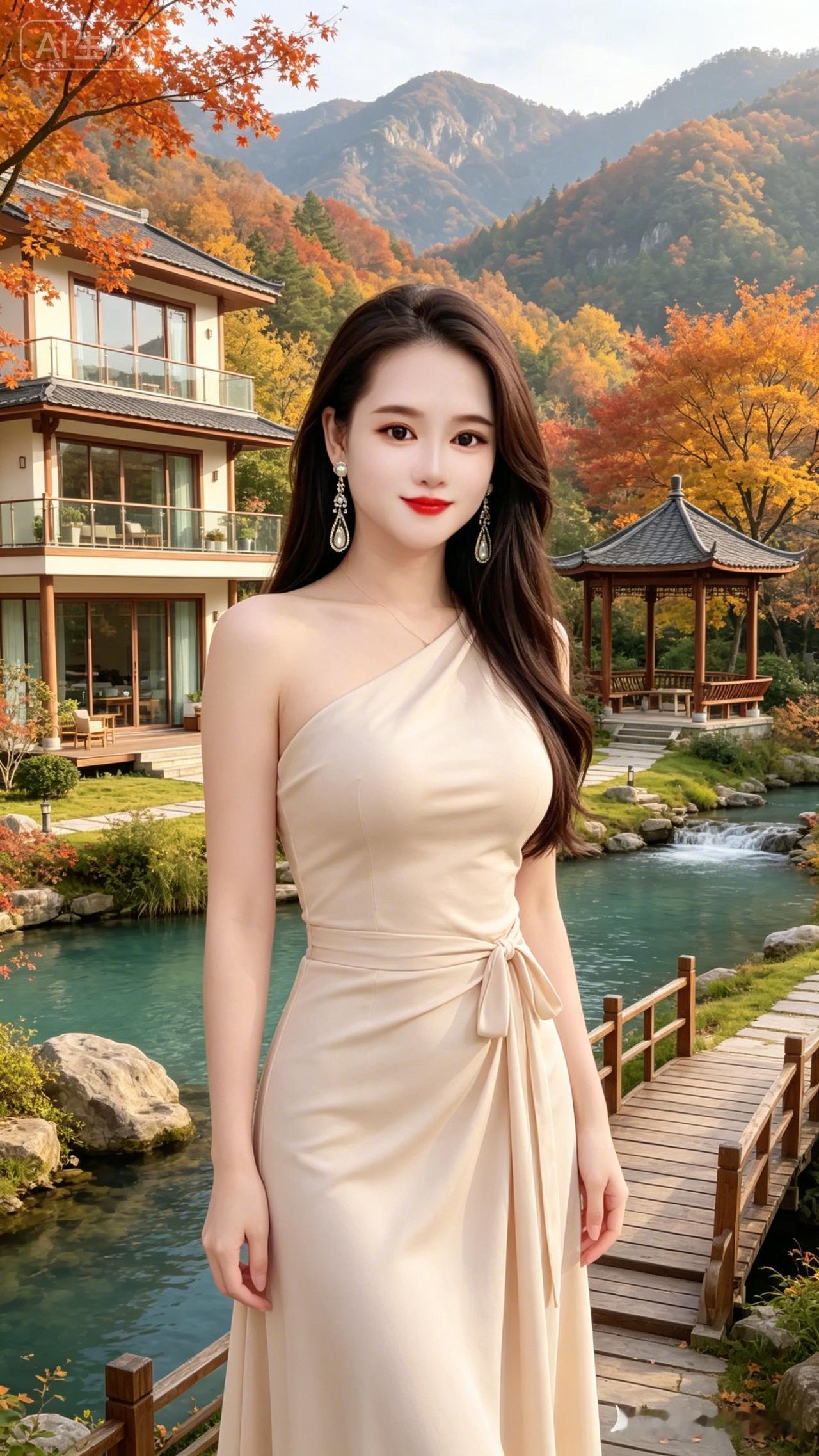 少女冷白皮通透无瑕，杏色单肩长裙勾勒曼妙身姿。山居露台秋叶湖景相映，木构庭院景致
