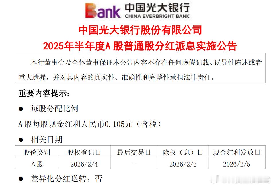 【光大银行2025年半年度分红时间公布】日前，光大银行公布了2025年半年度分红