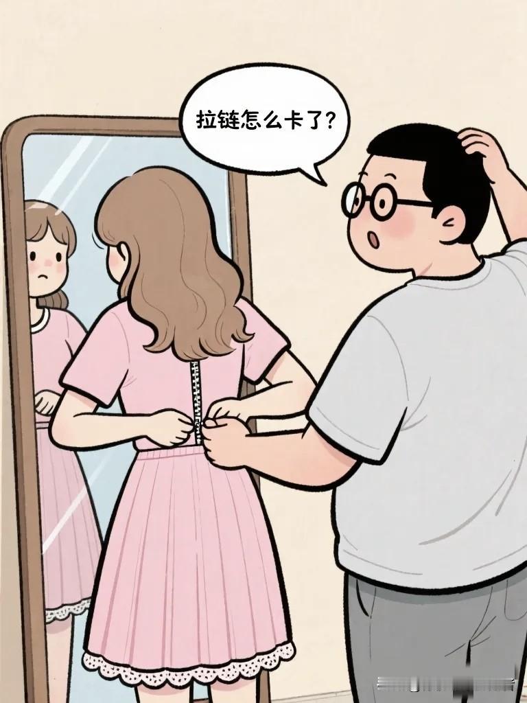 搞笑漫画：过年胖了一圈，老婆试了去年的裙子，拉链卡住了。她问老公：“你觉得我胖