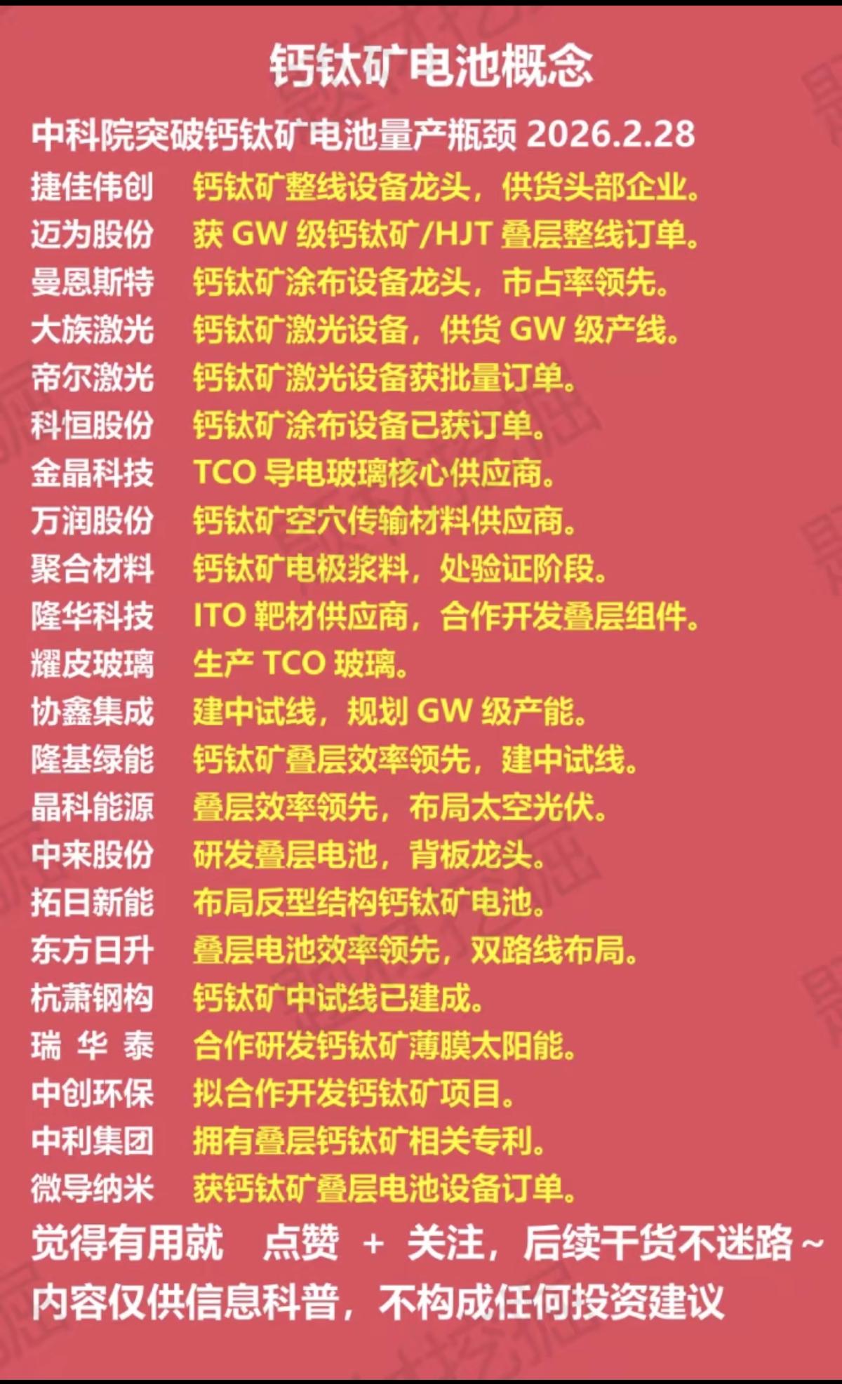 钙钛矿电池概念！2月28日，中科院突破钙钛矿电池量产瓶颈！相关核心龙头股：