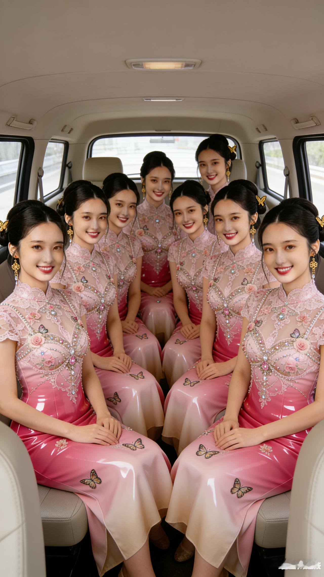 八位佳人仪态娇，粉裙袅袅映车厢。朱唇浅笑眸藏俏，难测将行哪处遥。可是喜筵