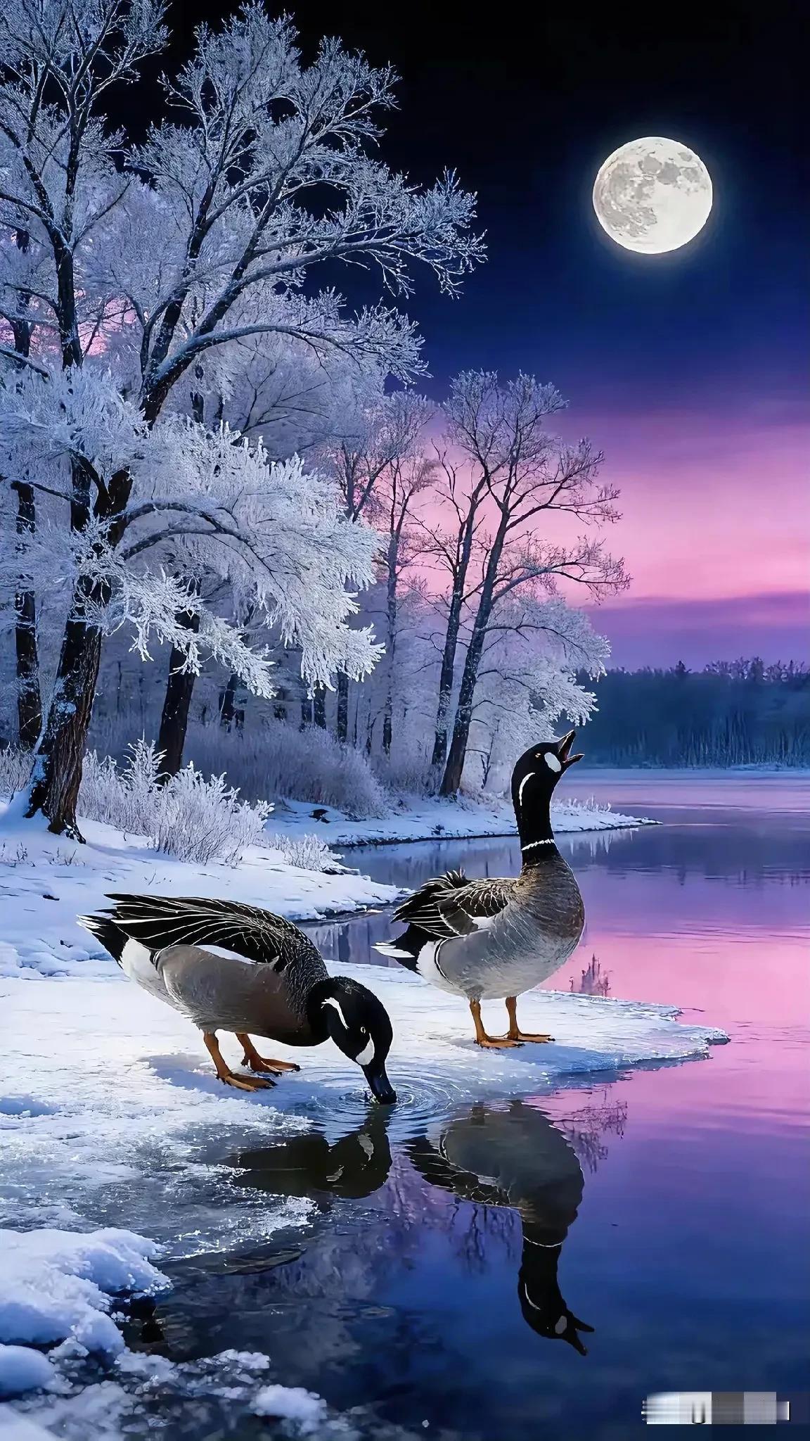 冬夜静谧，月色如水，两只鸭儿戏水，画面如梦如幻。