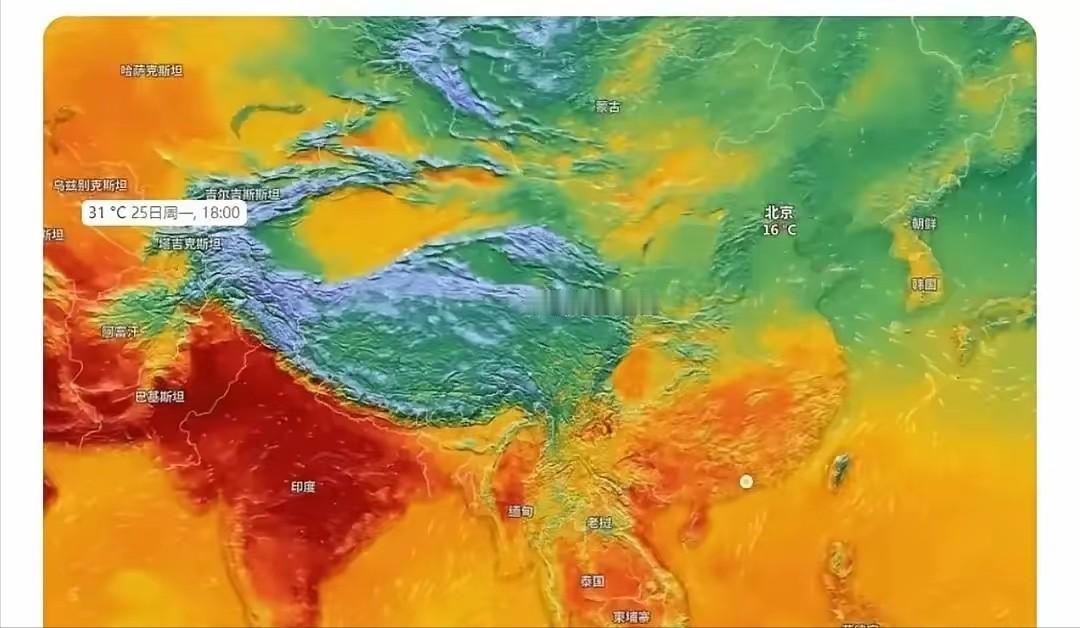 天佑中华啊！最近一张全球气温热力图刷爆全网，放眼望去，咱们周边一圈国家全被深红色