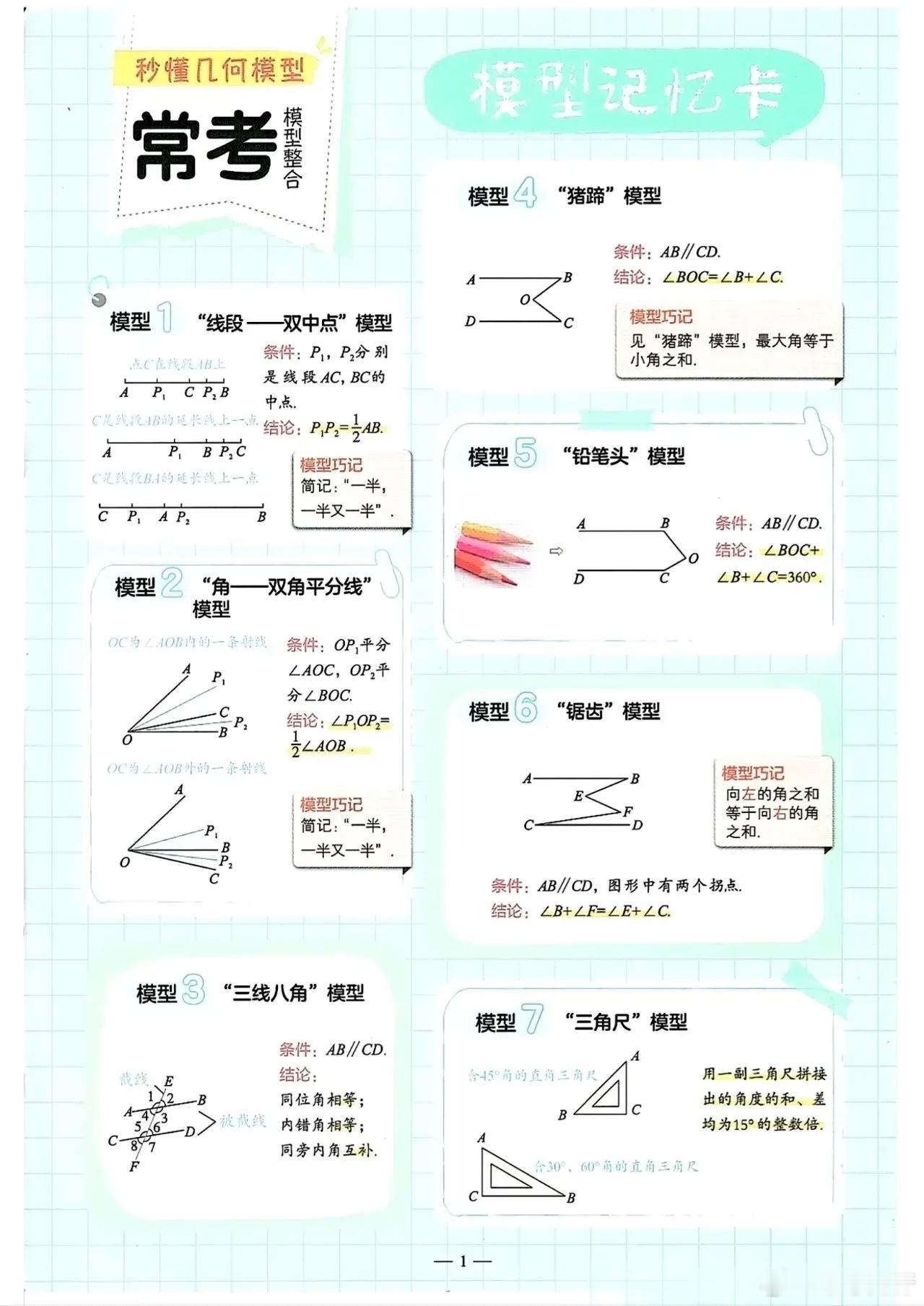 8张图搞定初中几何常考的61个模型，猪蹄模型，飞镖模型，风筝模型，雨伞模型，十字