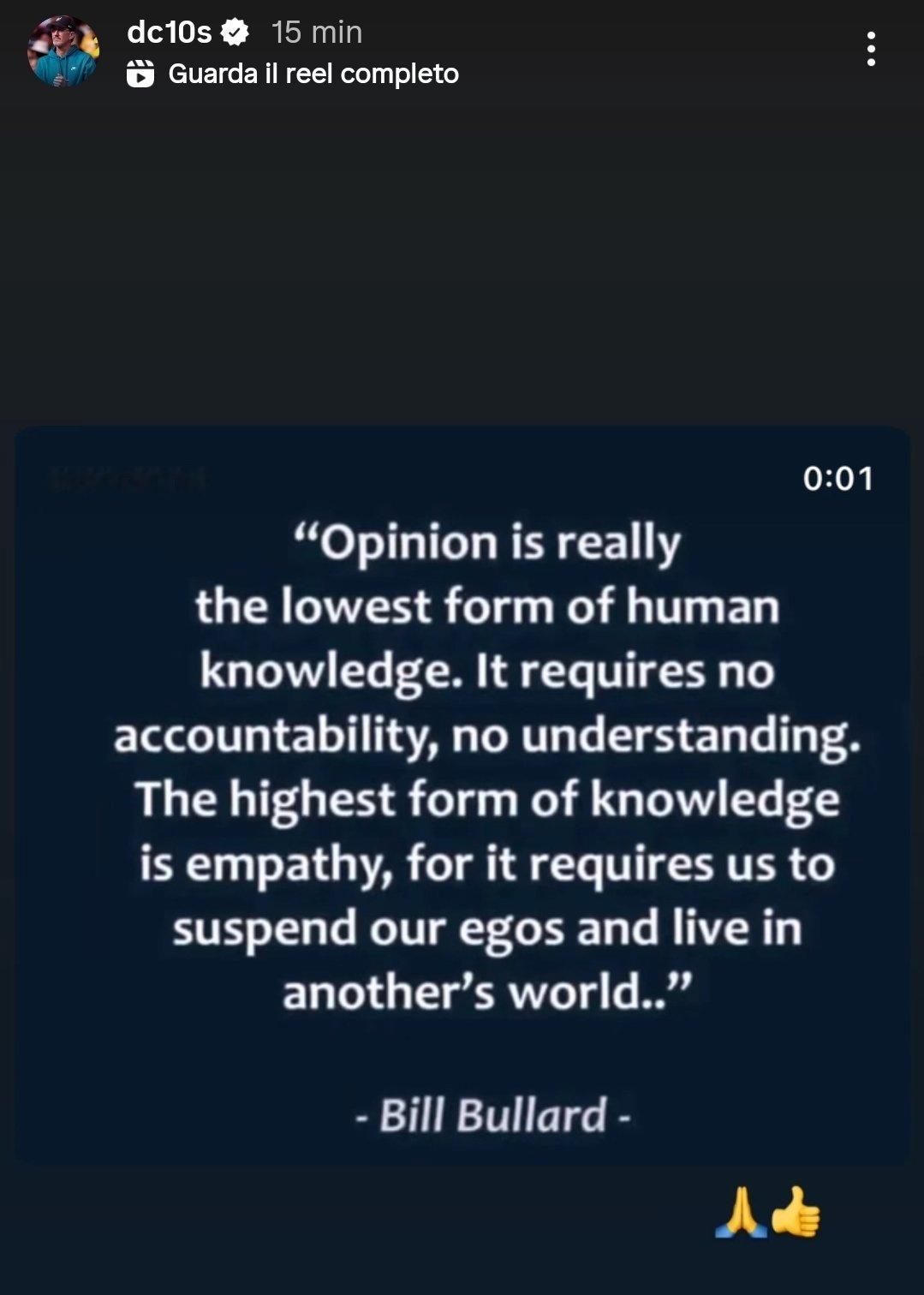 辛纳的教练达伦·卡希尔分享了一段话：“观点实在是人类知识的最低形式，它无需承担责