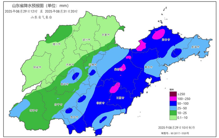 山东发布暴雨蓝色预警, 今天下午到31日白天中东部地区有较强降雨