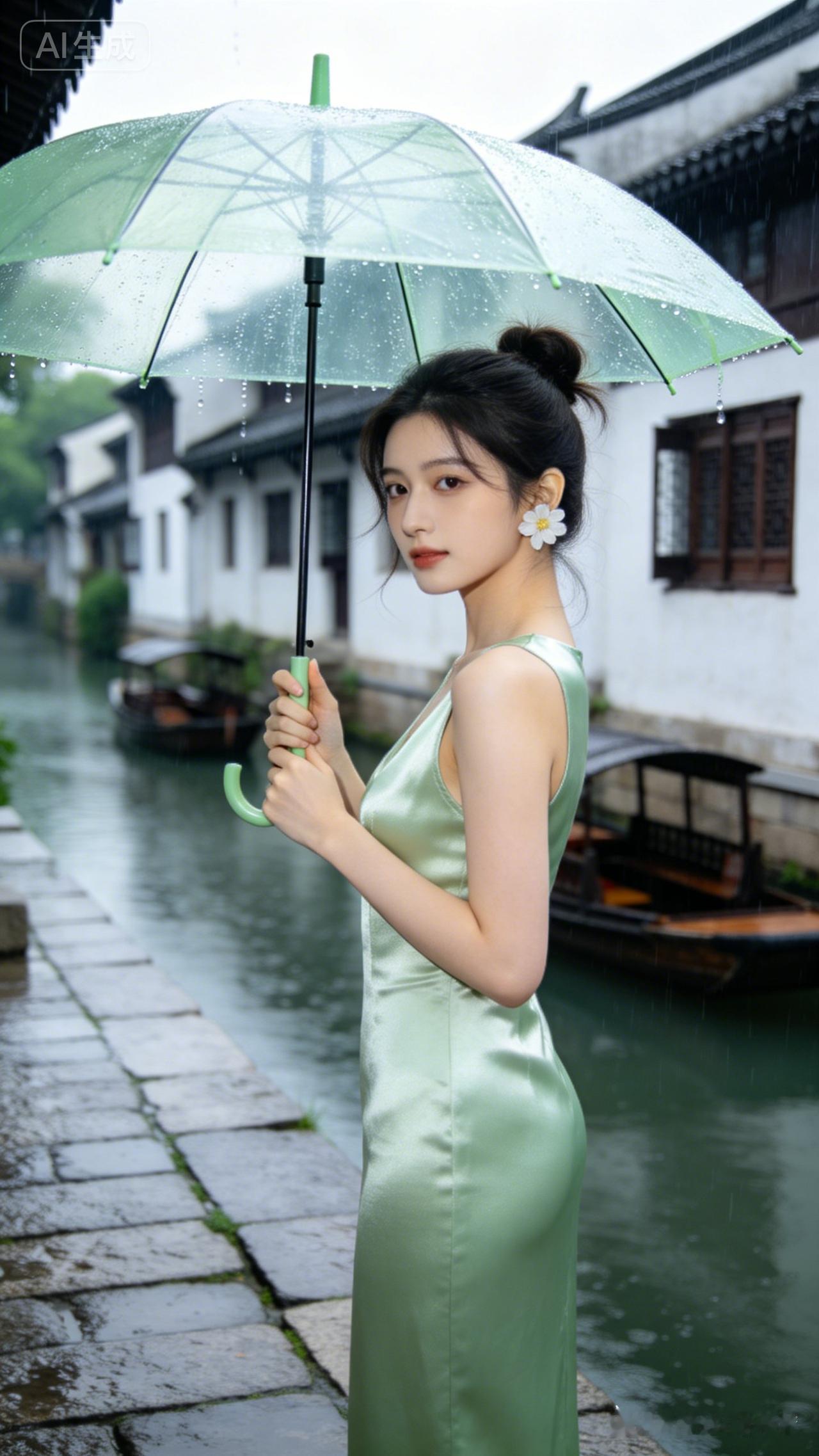 江南温婉少女低盘碎发丸子头，绿缎长裙持带雨浅绿油纸伞，水乡白墙乌篷船阴雨柔光，浅