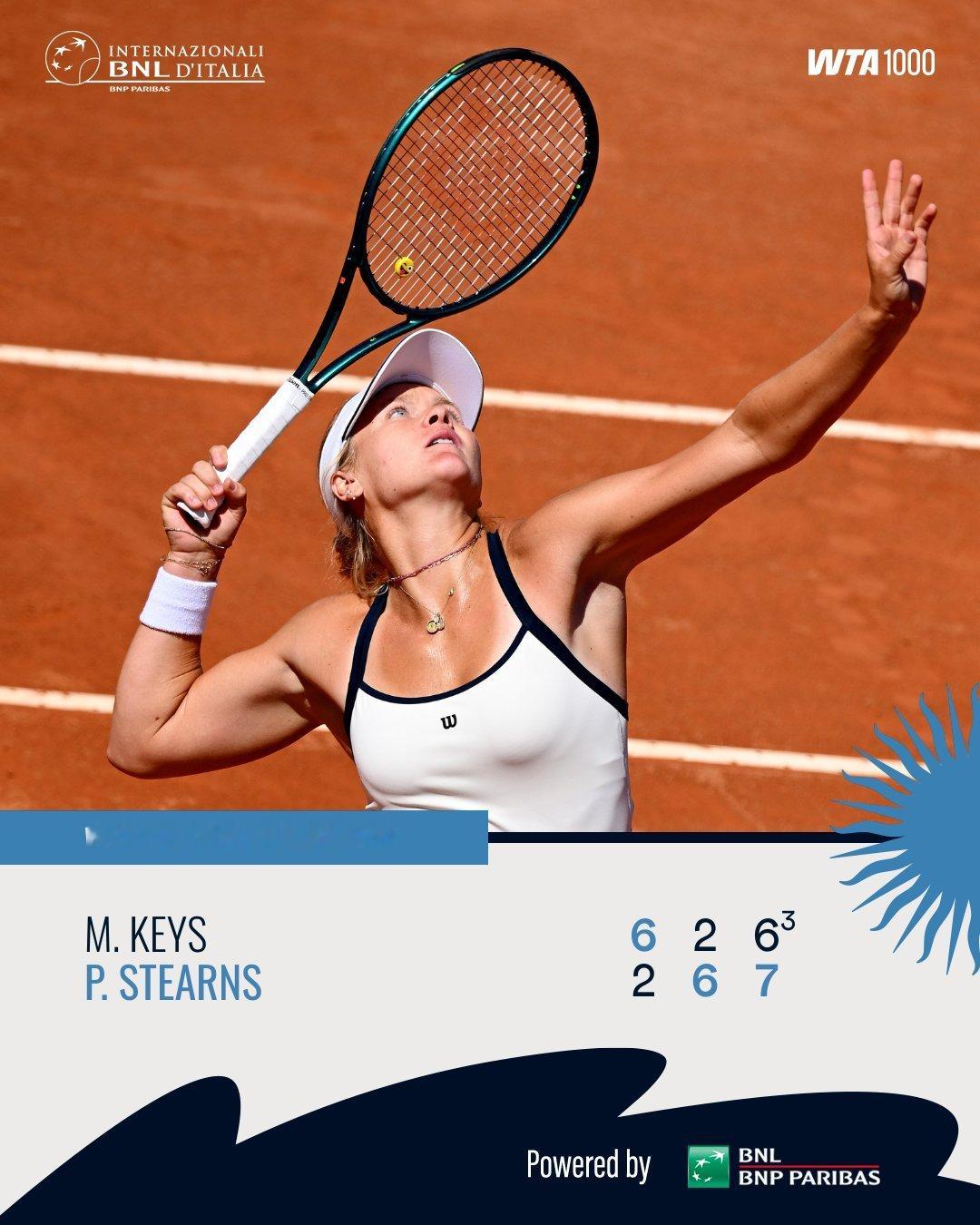WTA1000罗马站第三轮，5号种子凯斯6-2、2-6、6-7(3)不敌斯特恩斯
