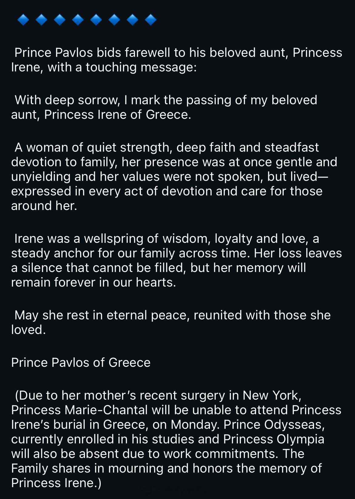 希腊丹麦的帕夫洛斯王储发文纪念他的姑姑希腊丹麦的艾琳公主🇬🇷✍🏻📍希腊王