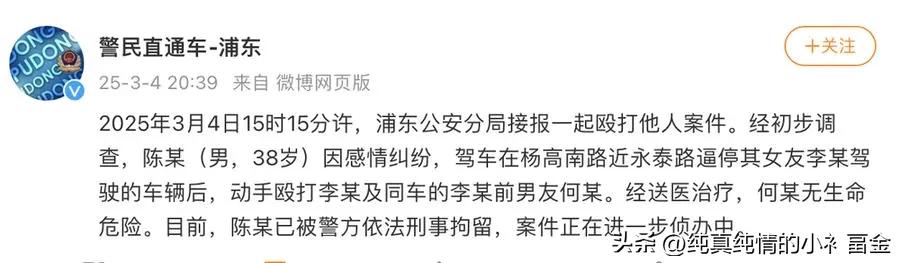 3月4日晚，@警民直通车-浦东发布通报：2025年3月4日15时15分许，浦东