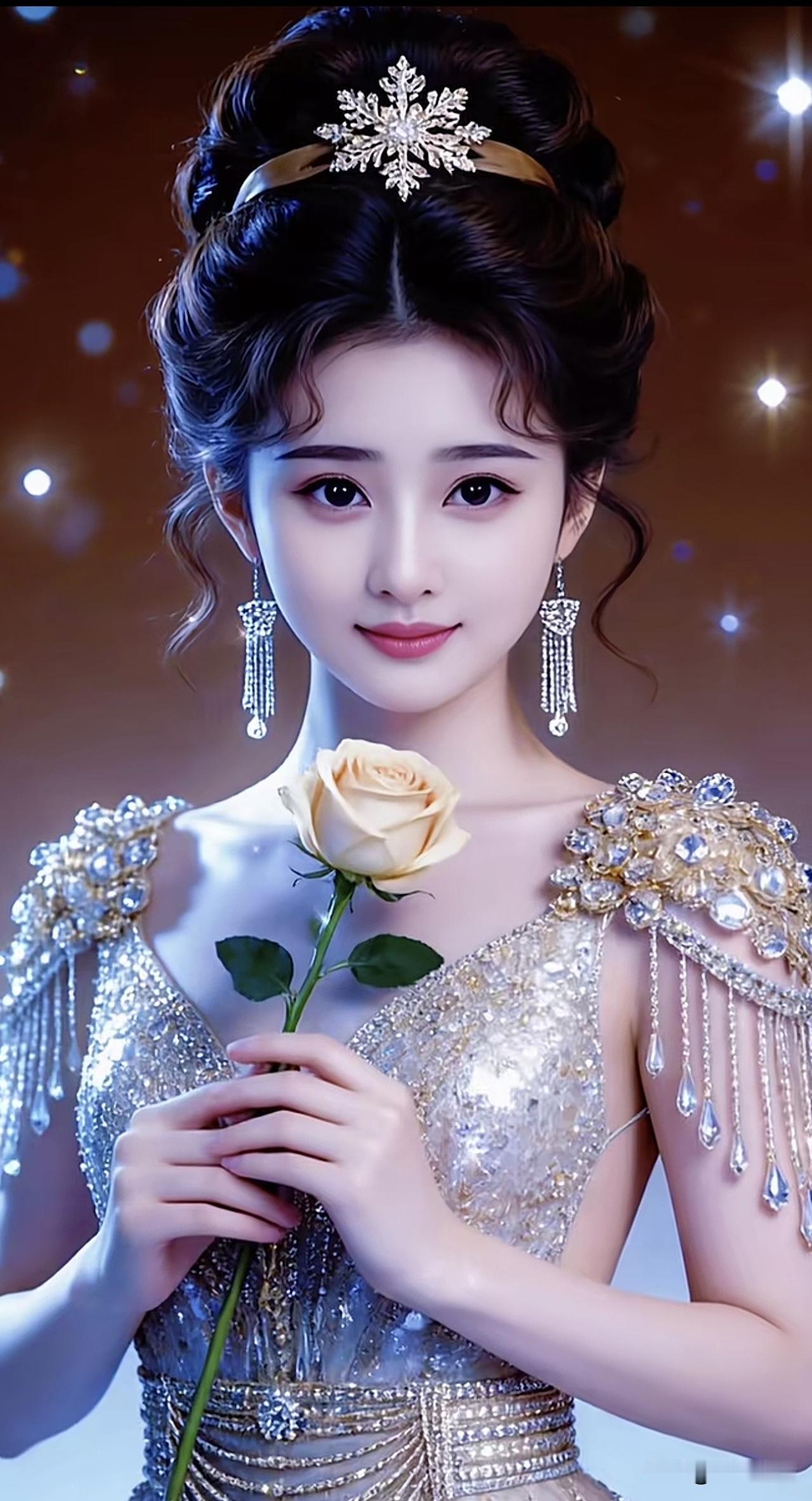 梦幻古风少女，手持玫瑰，优雅动人玫瑰红裙少女红衣花裙少女国风唯美少女红衣花