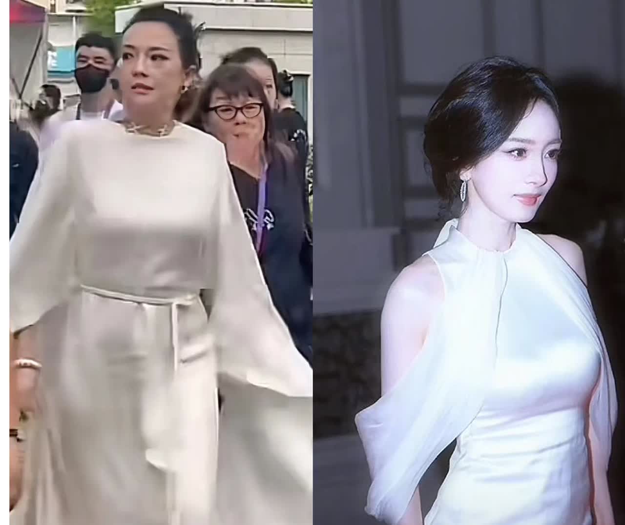 惊！章子怡杨幂撞衫白裙，反差巨大引热议！章子怡和杨幂同穿一条白色裙子，真