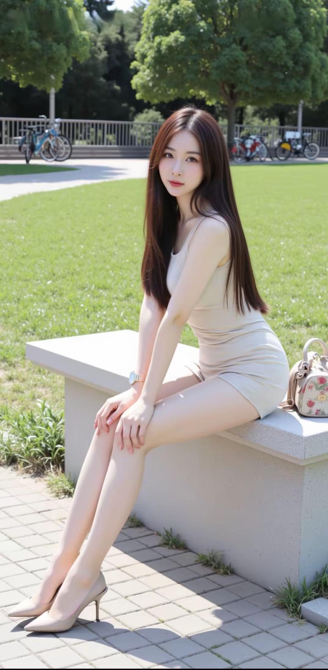 夏日清新穿搭，公园长椅上的优雅时光