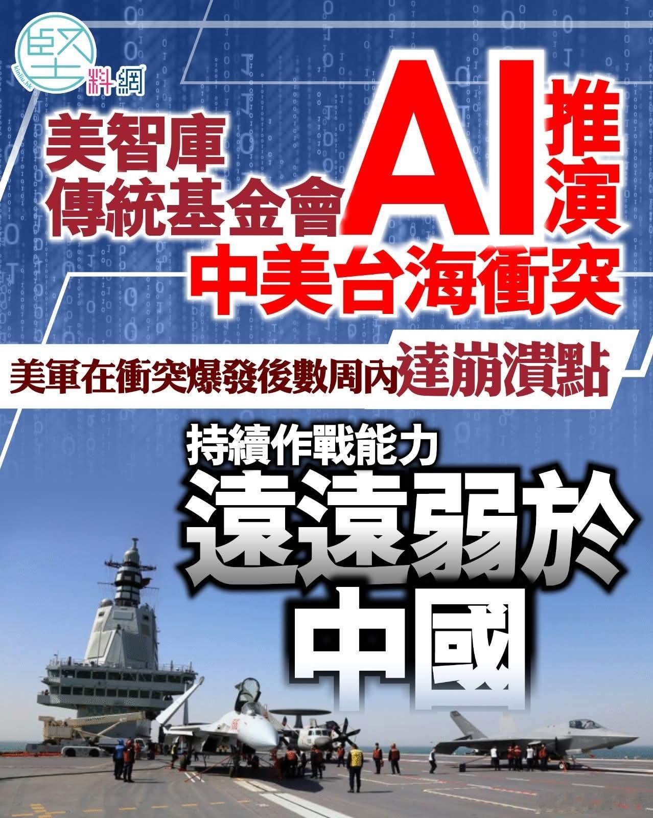 AI推演中美台海冲突，美军数周即崩溃美国智库传统基金会近日发表报告，使用AI模拟