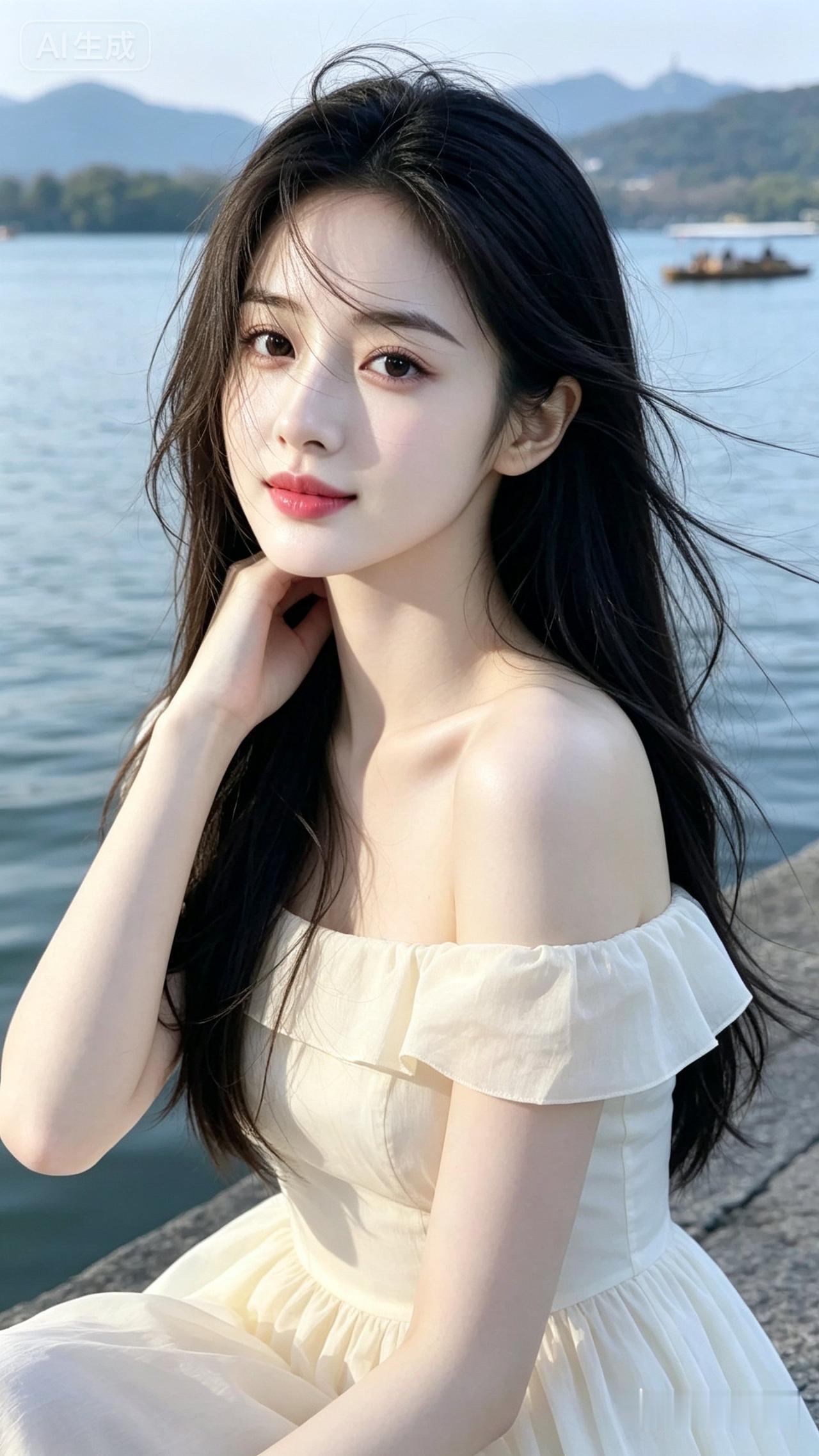 湖畔少女，轻纱飘逸，微风拂面，如梦如幻。