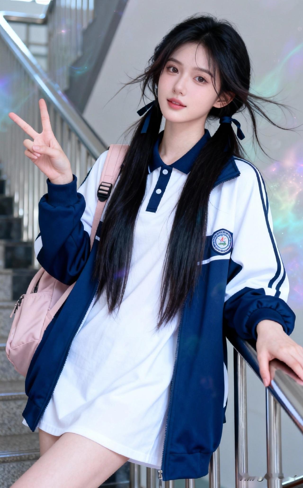 这个女孩在楼梯上比了个V字手势。