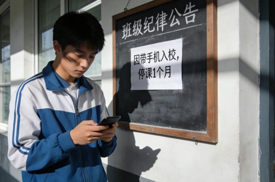 高一女学生因在宿舍笔记本中藏匿手机被发现，依据校规被处以停课一个月的处罚。该女学