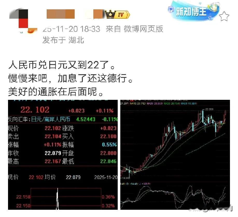 日元对人民币疯狂贬值，又贬到22了，很多精日会说人家日元贬值有利于出口，以前日本