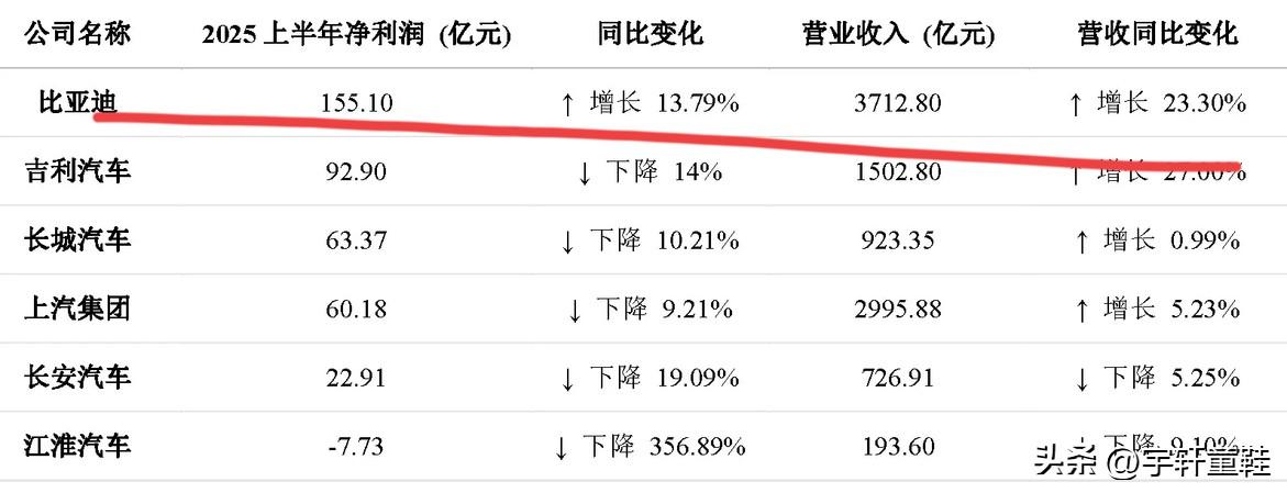比亚迪：“我上半年利润增长13.79%！”吉利：“我上半年利润下滑14%！”