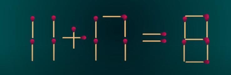 这是一道有趣的火柴棒谜题，当前等式“11+17=8”并不成立。现在的挑战