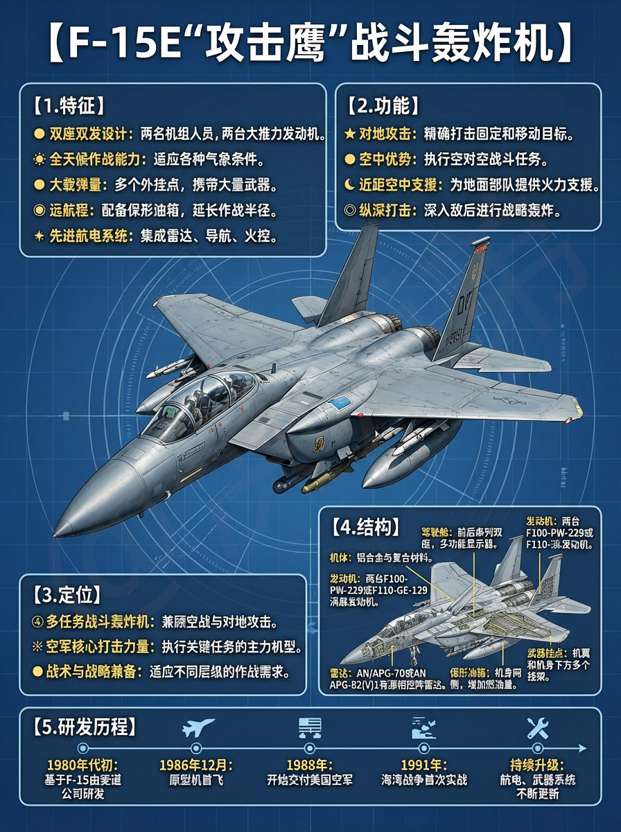 全球武器装备盘点F-15E“攻击鹰”战斗轰炸机英文名称：F-15EStrik