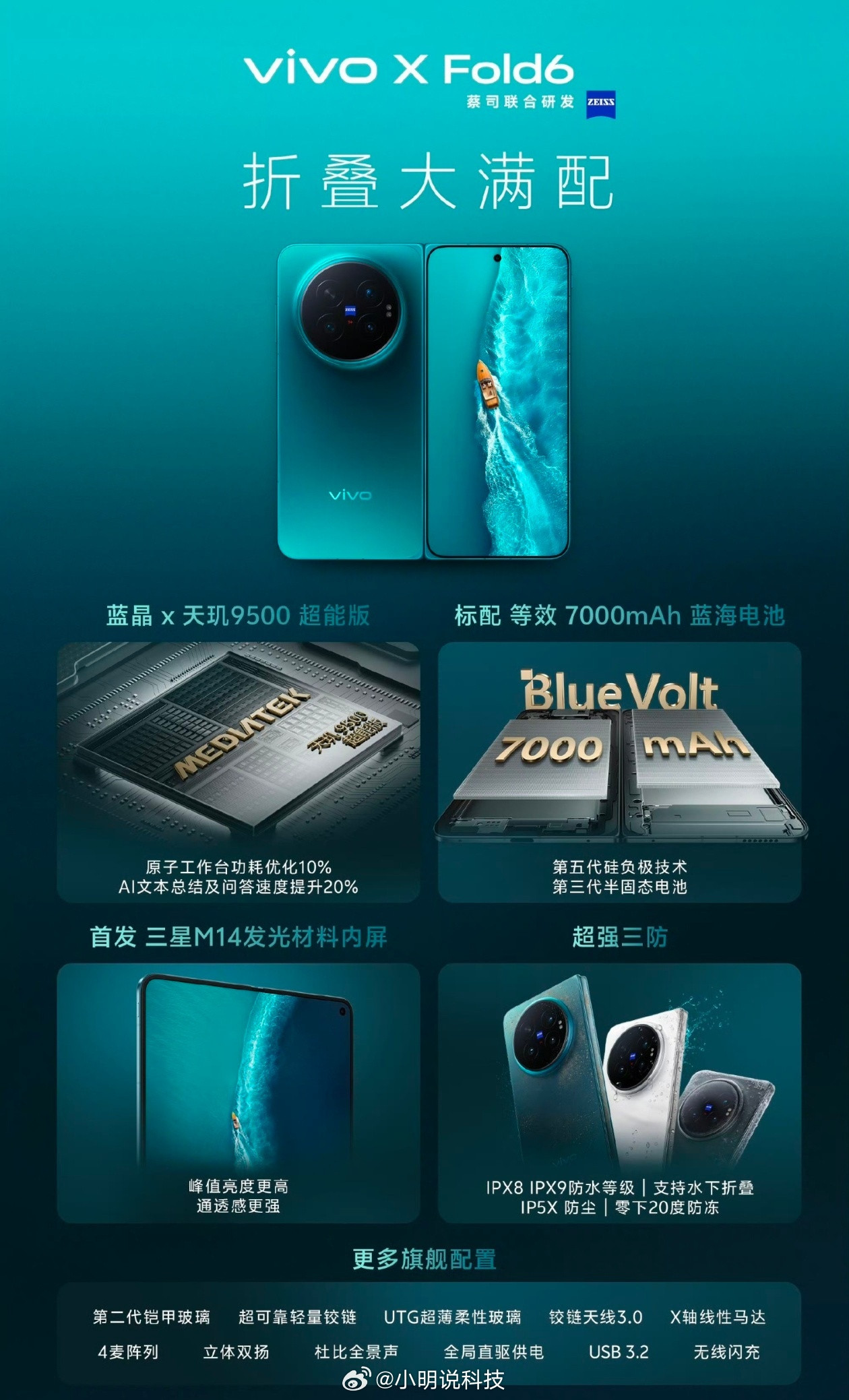 vivoXFold6配置:蔡司2亿主摄+天玑9500超能版+7000mAh电