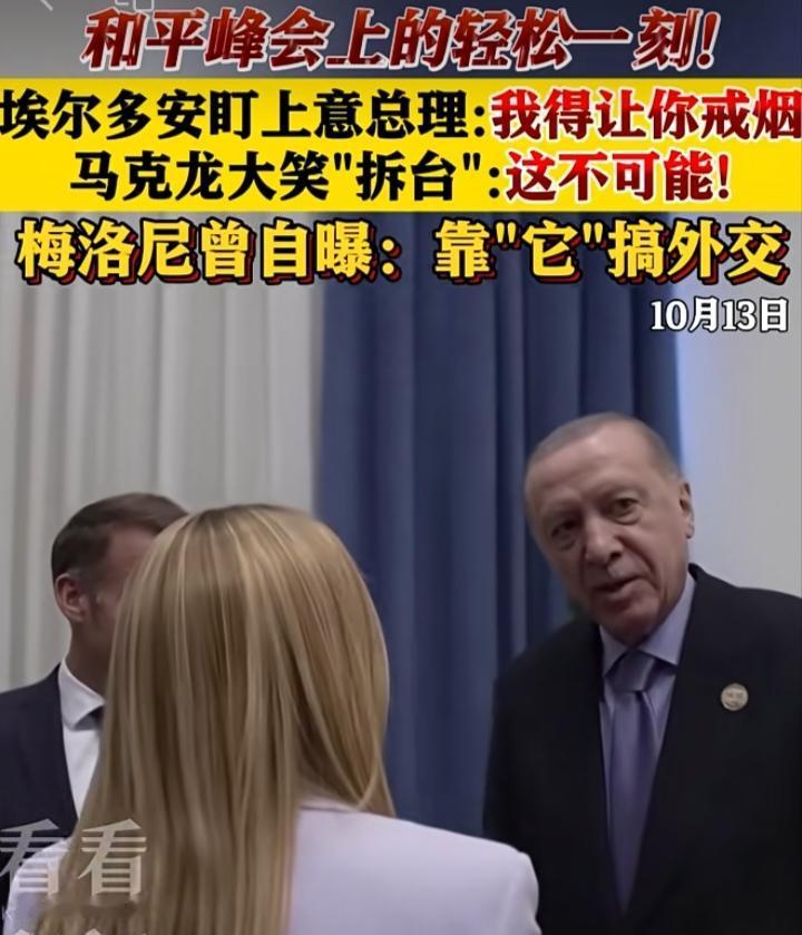 土耳其总统埃尔多安对意大利总理梅洛尼的一句“你看起来很棒，但我必须让你戒烟”……