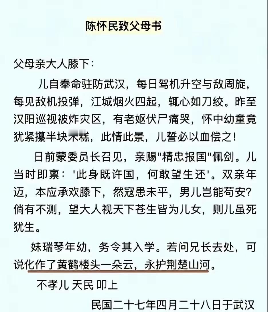 看到了抗日战争时期，飞行员陈怀民给父母留下的遗书，“昨至汉阳巡视被炸灾区，有老妪