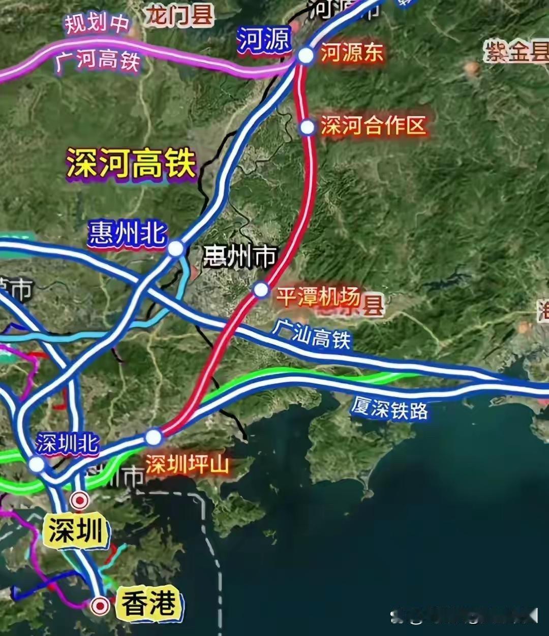 深河高铁规划为深圳东北向的对外铁路通道，线路由坪山枢纽引出，经惠城南向北至河源，
