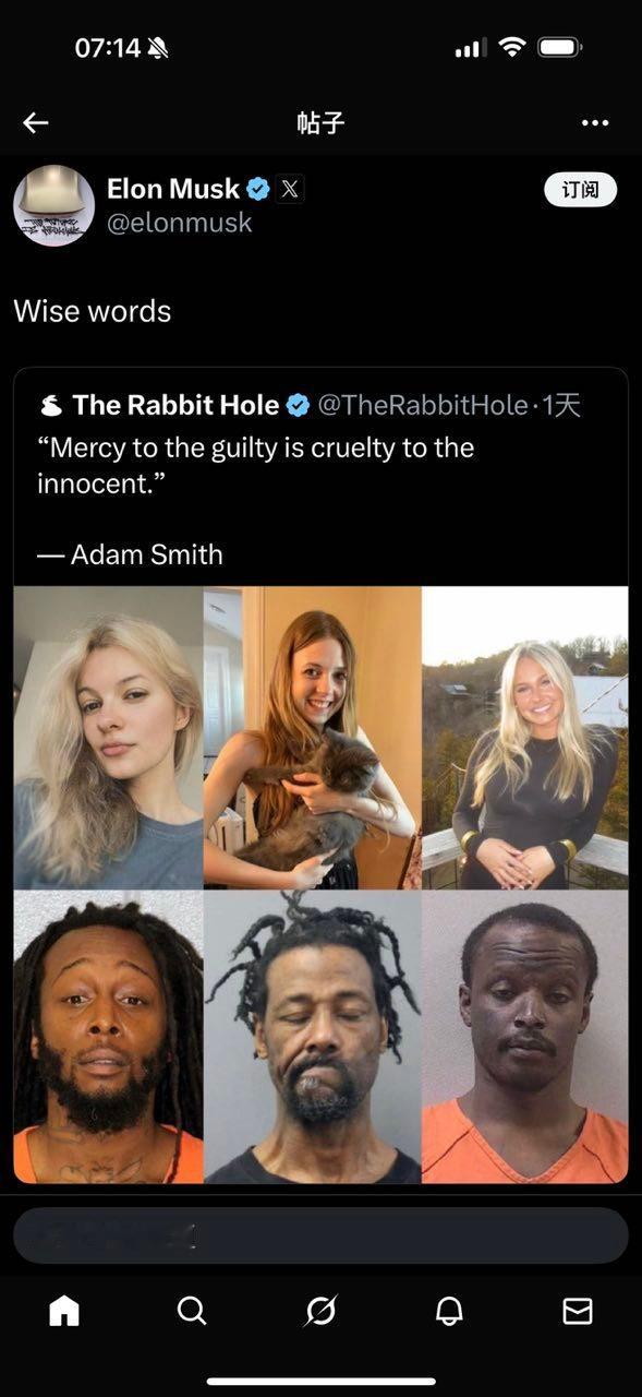 一个叫兔子洞的网友贴出了亚当斯密的格言，“对罪犯的怜悯就是对无辜者的残忍。”马斯