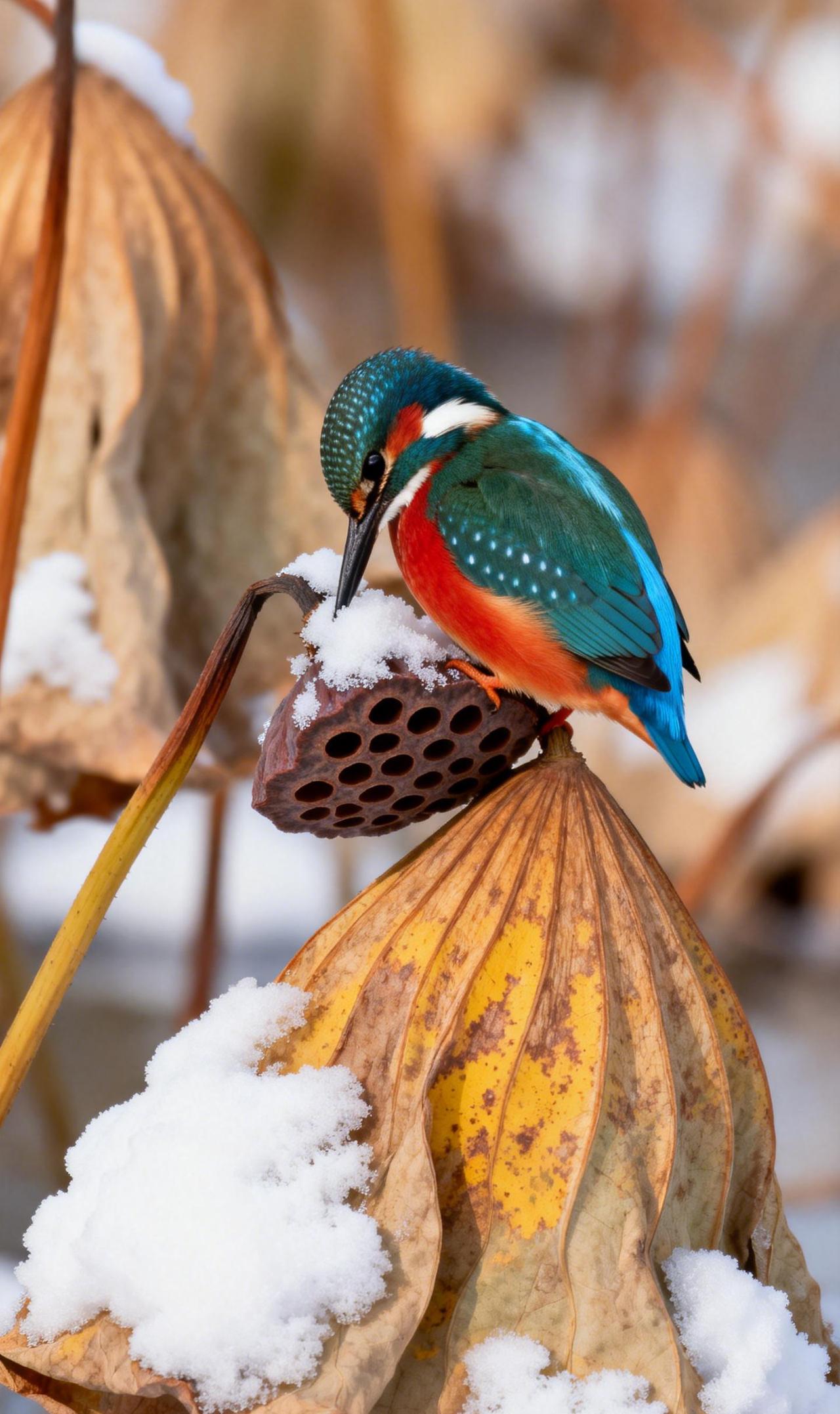 残塘惊玉屑，翠羽啄冬声冬日的荷塘褪去喧嚣，残梗垂首，莲蓬低悬，一切覆于皑皑寂静