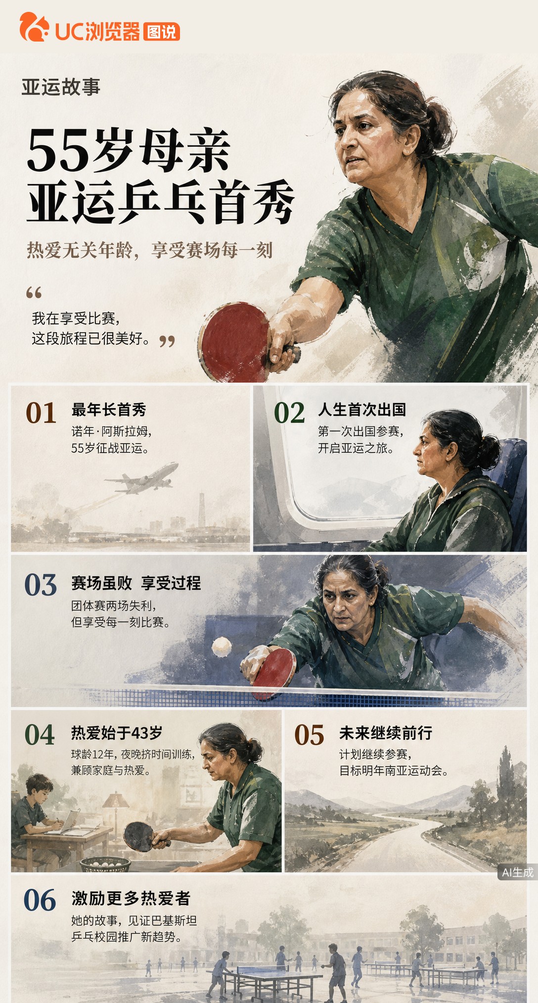 55岁才第一次出国打亚运！巴基斯坦选手诺辛43岁拿起球拍，如今和15岁队友同场。虽两场皆负，但她说享