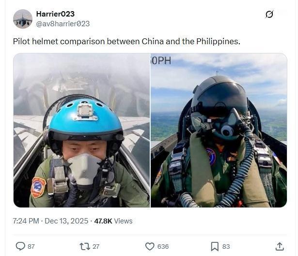 菲律宾也开始整“大剩赢学”！ 一个菲律宾人发的，中国歼15飞行员头盔与菲律宾