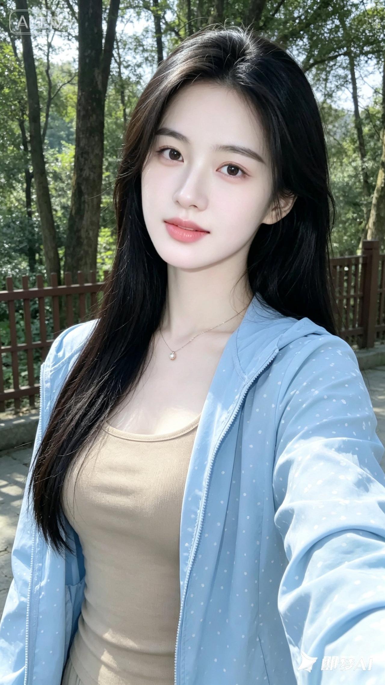 这姑娘在公园自拍，阳光明媚。