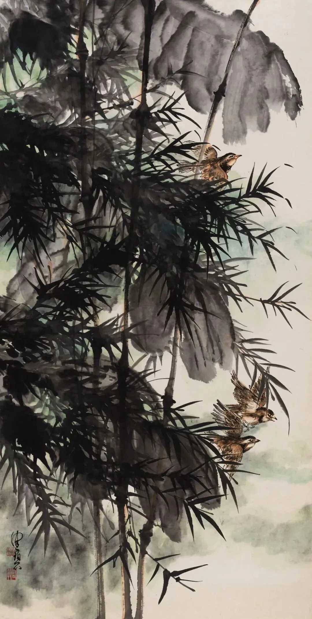 陈佩秋竹林小鸟。陈佩秋（1922—2020）字健碧，斋名秋兰室、高华阁、截玉轩
