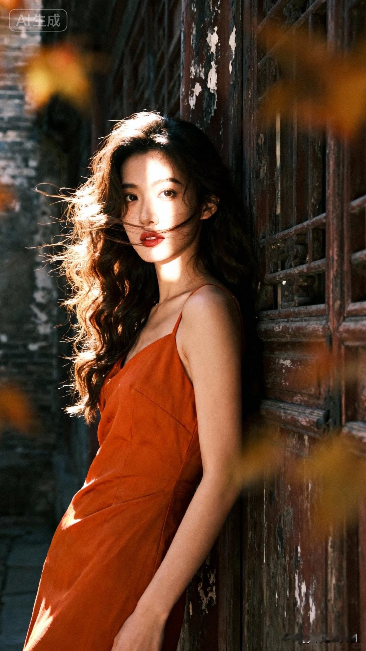 秋日暖阳下，红裙少女倚墙而立，风中飘逸的秀发，宛如一幅动人的画卷。