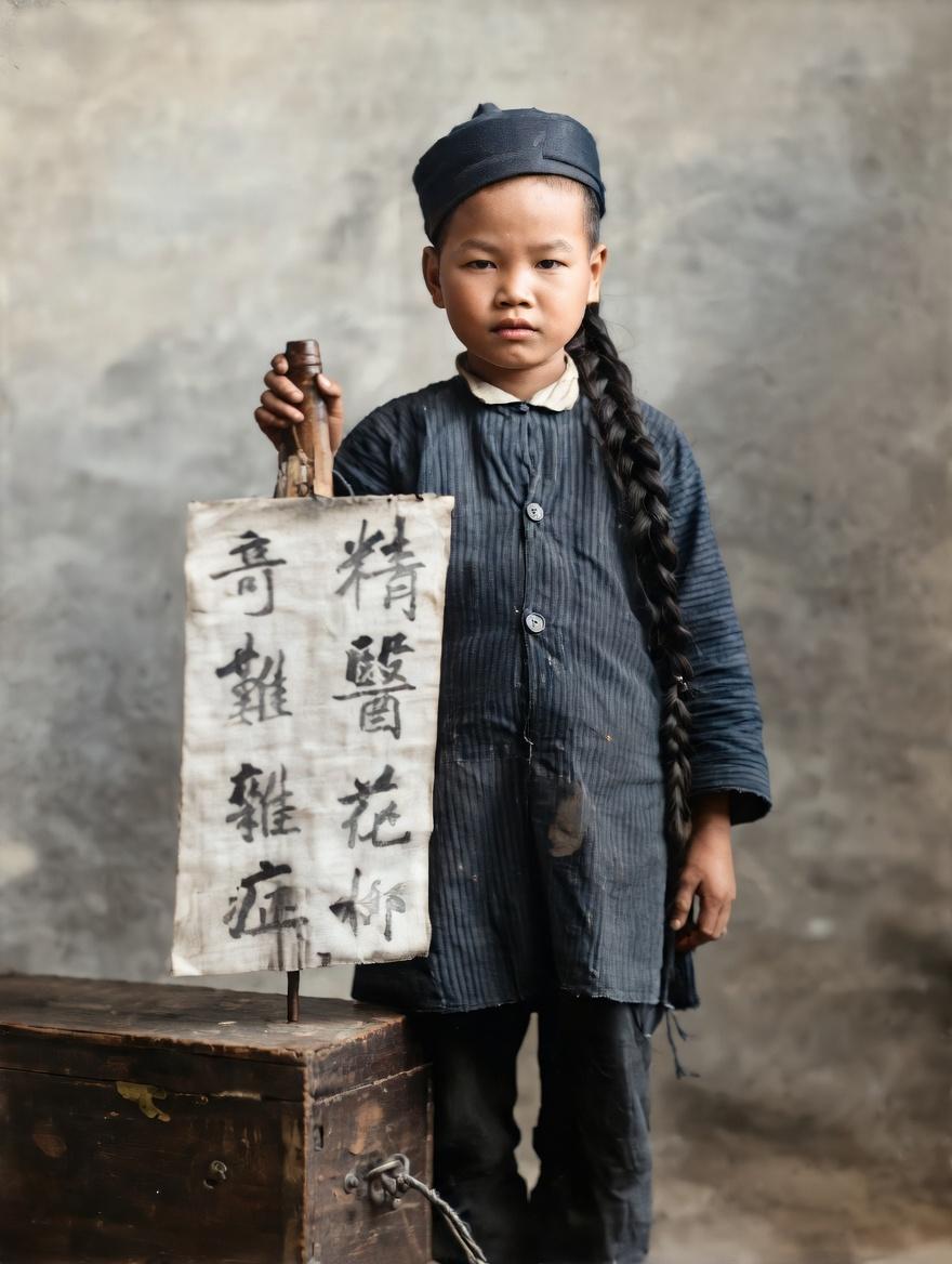 清末街头，这位留着长辫、穿粗布条纹长衫的少年，是江湖游医的学徒，他帮助师父拿着“