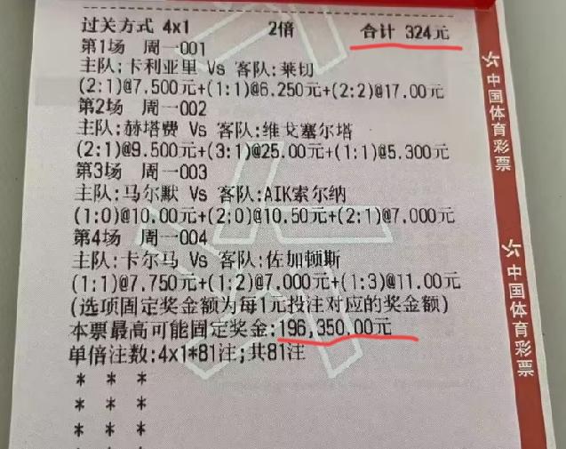 这张324块的比分票，大家觉得中的概率大不大？001卡利亚里这场，赔率倾向于主