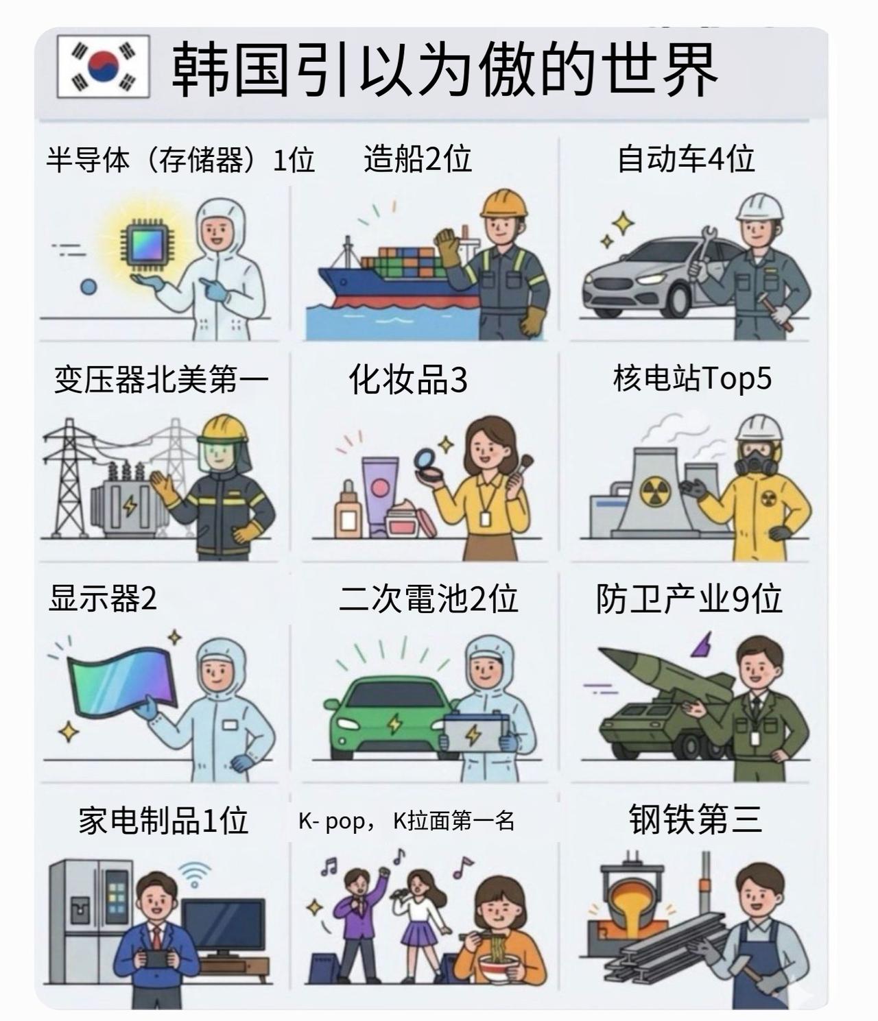 韩国工业：　　半导体（存储）世界第1位。韩国占据全球约70%的DRA