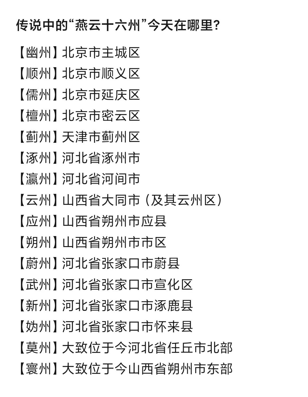 历史上的"燕云十六州"相当于现在哪些地方。燕云十六州