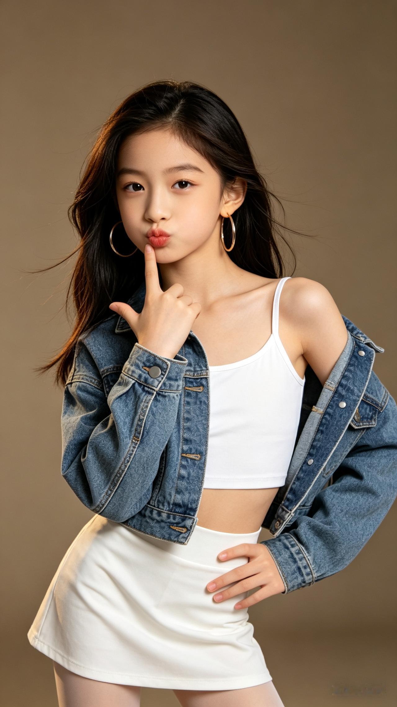 舞蹈少女披肩长发肤白清秀。白背心短裙叠穿牛仔外套，半侧身舞蹈定格手势灵动俏皮，浅