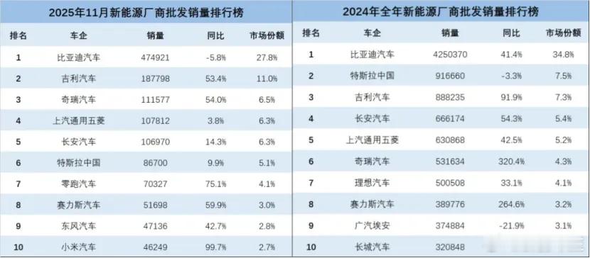 奇瑞新能源实现重大突破。2025年11月，其以111,577辆的单月销量跃居行
